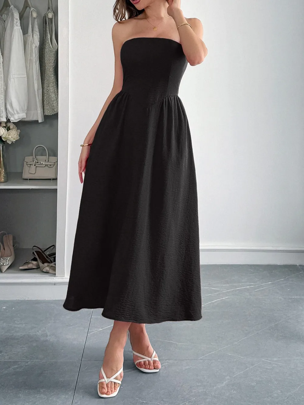 Strapless A-Line Midi Dress with Pockets, image 3