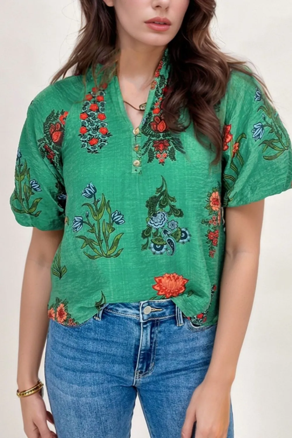 Floral Print Notched Short Sleeve Blouse, image 5
