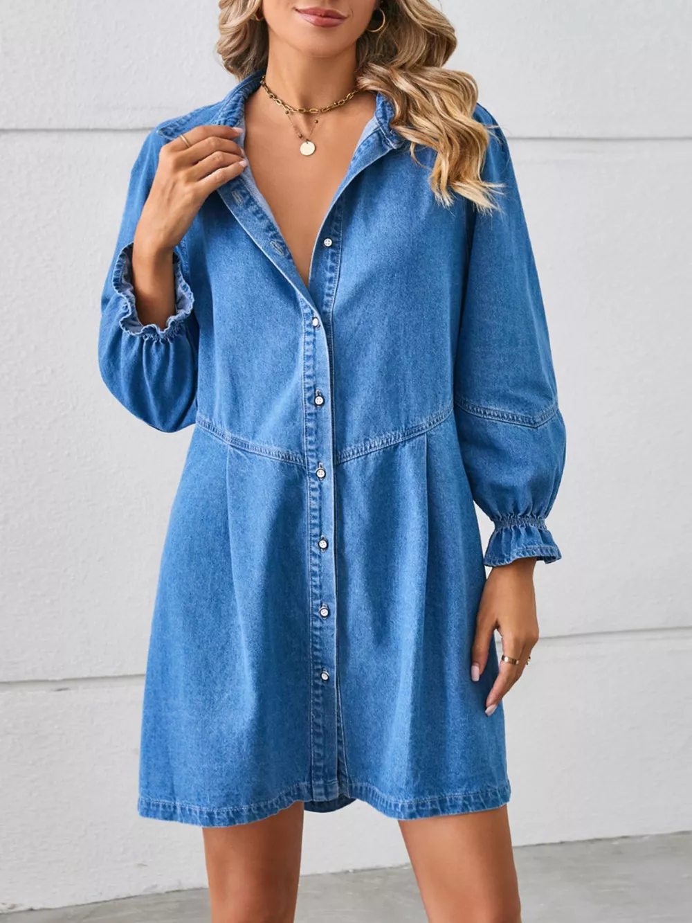 Button-Front Ruffle Cuff Denim Dress, image 5
