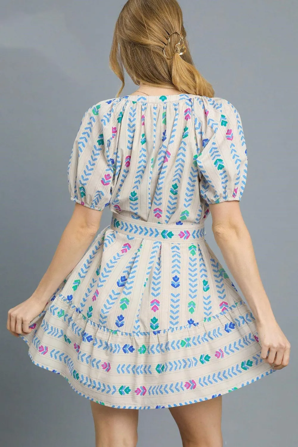 Printed Tie Waist Puff Short Sleeve Mini Dress, image 2