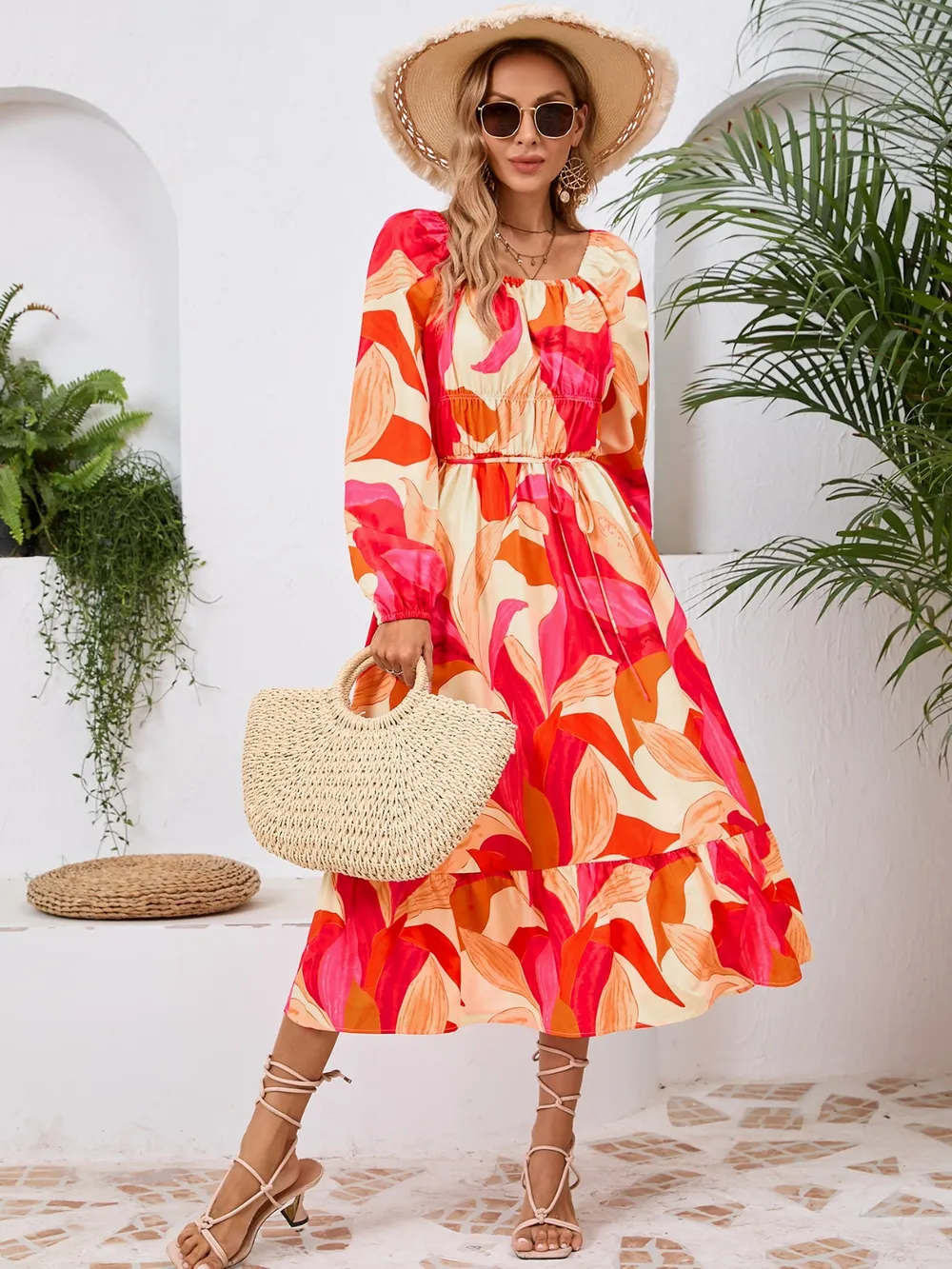 Printed Long Sleeve Midi Dress, image 9