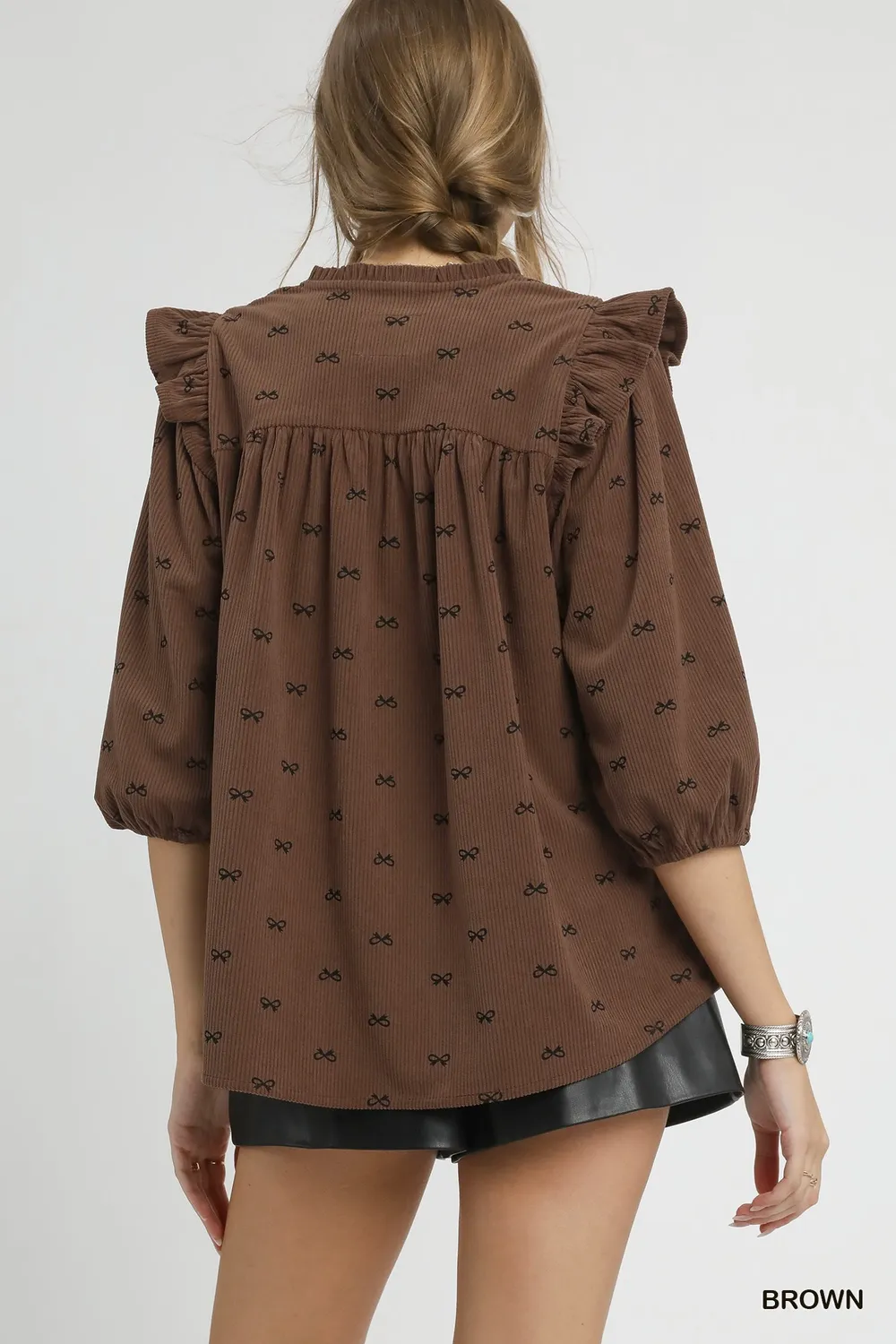 Bow Print Corduroy Puff Sleeve Blouse with Ruffled, image 2
