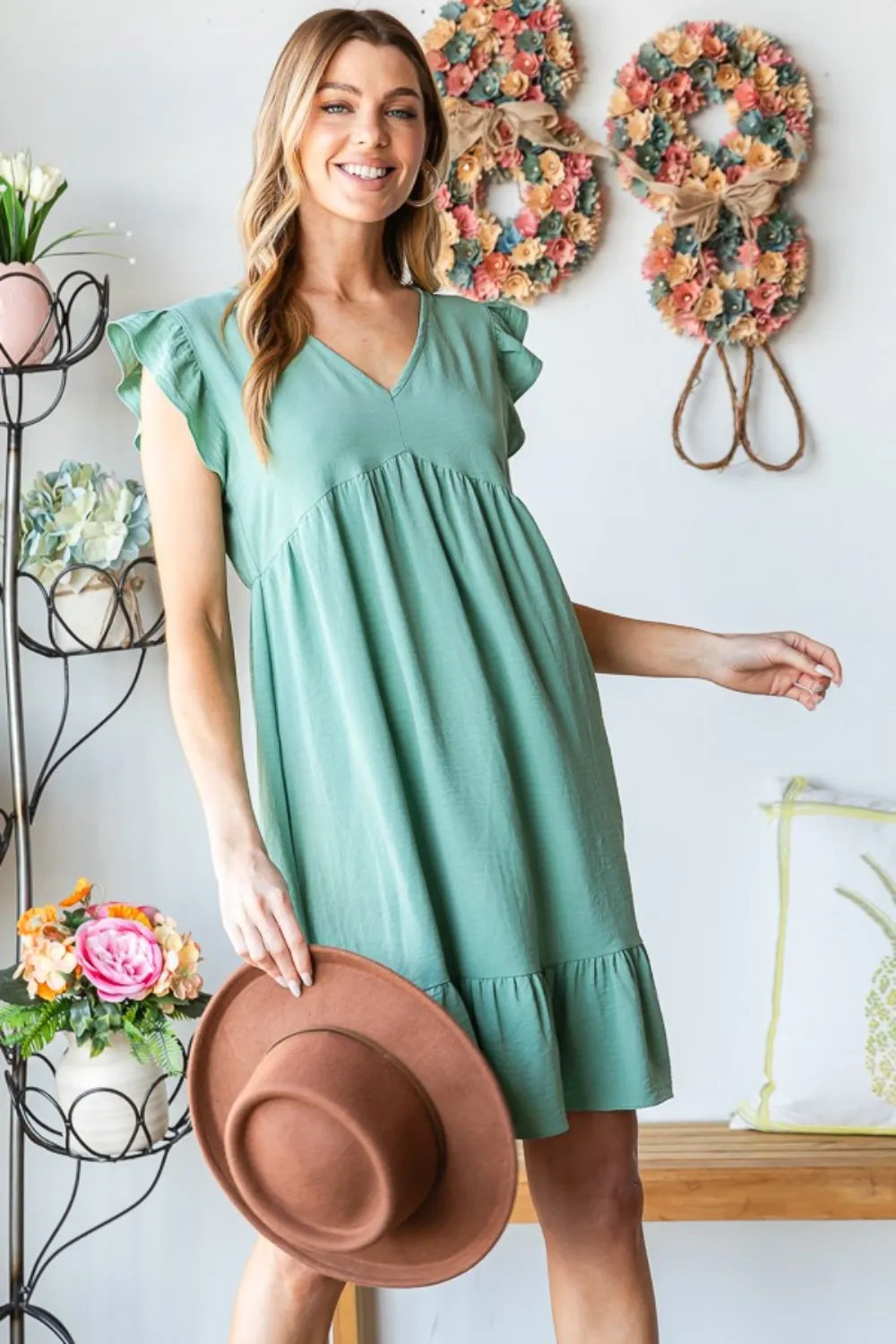Full Size Short Sleeve V Neck Ruffled Hem Dress, image 3