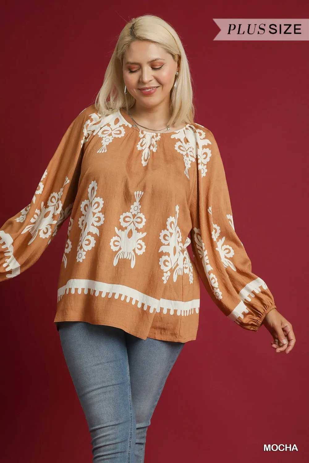 Full Size Two Tone Border Print Top with Balloon Sleeves Plus Size, image 5