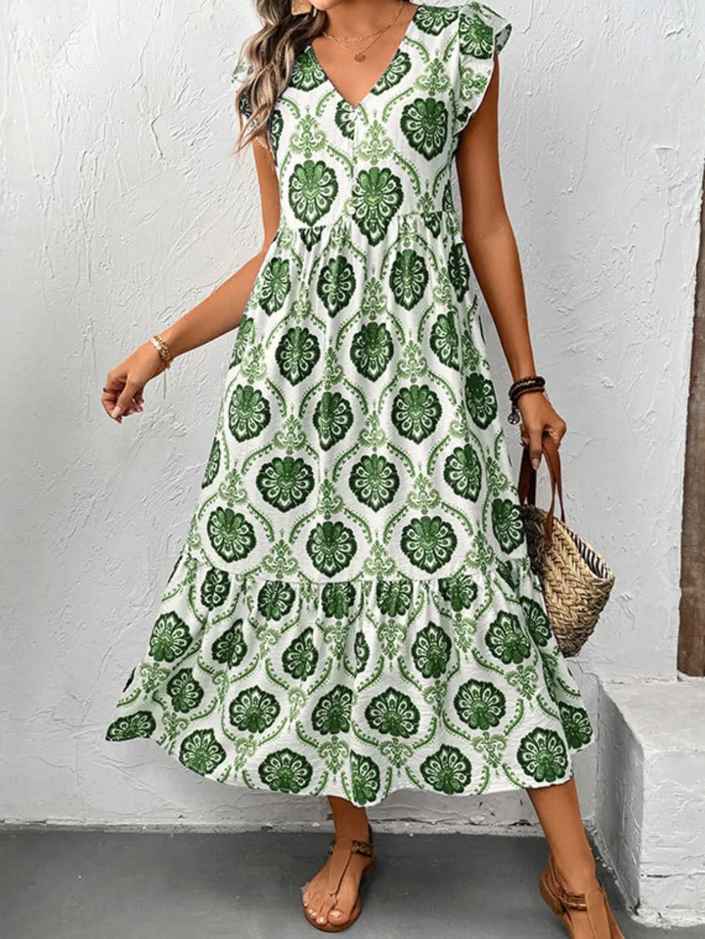 Ruffled Printed V-Neck Cap Sleeve Dress, image 4