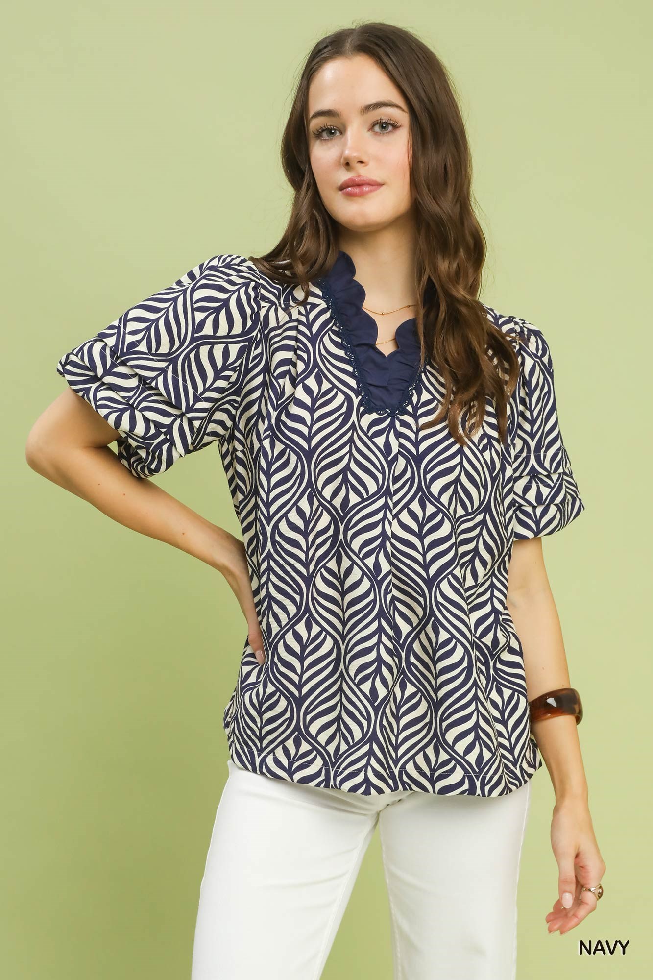 Printed Puff Sleeve Ruffle Neck Top