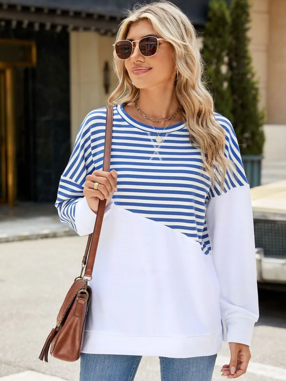 Slit Contrast Striped Long Sleeve Sweatshirt, image 2