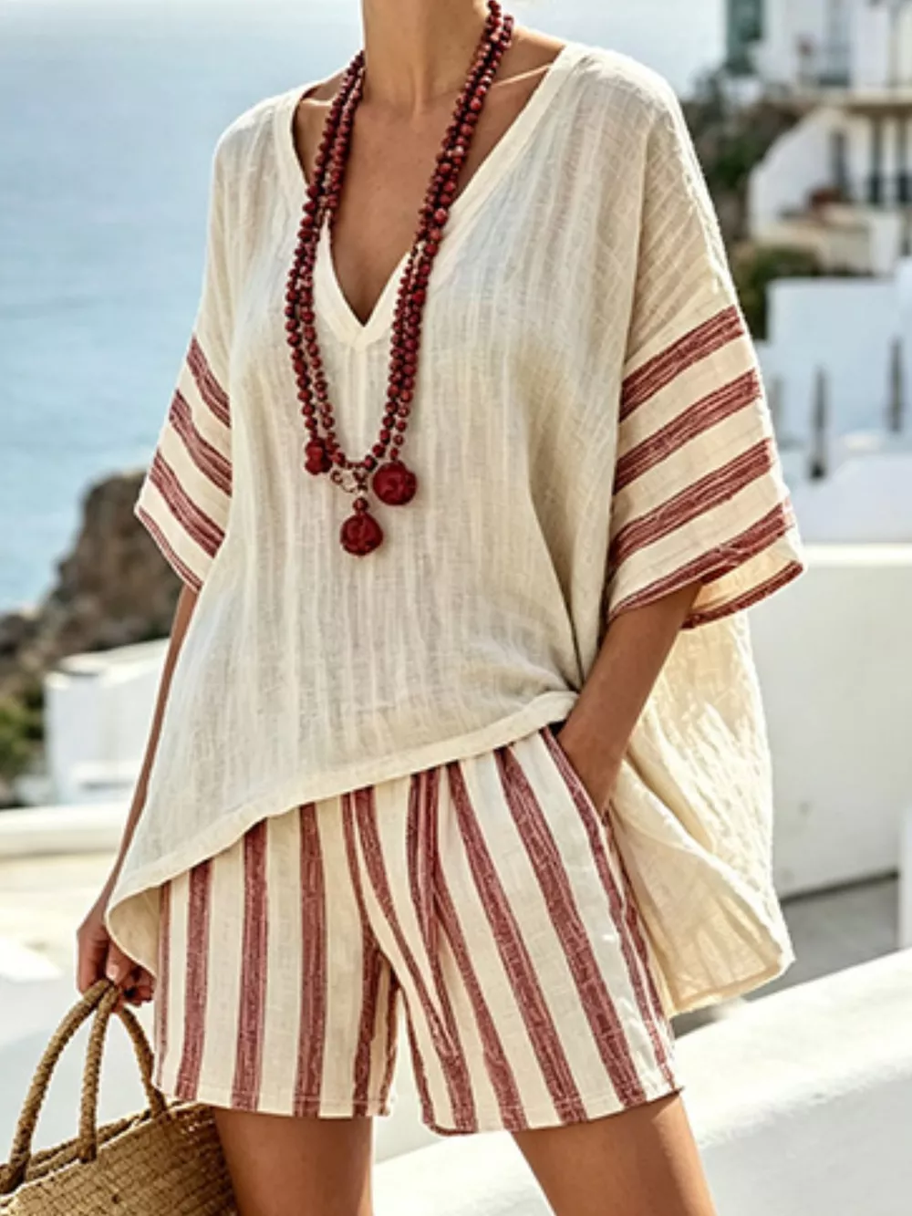 Full Size Striped 3/4 Sleeve Top and Shorts Set Plus Size, image 2