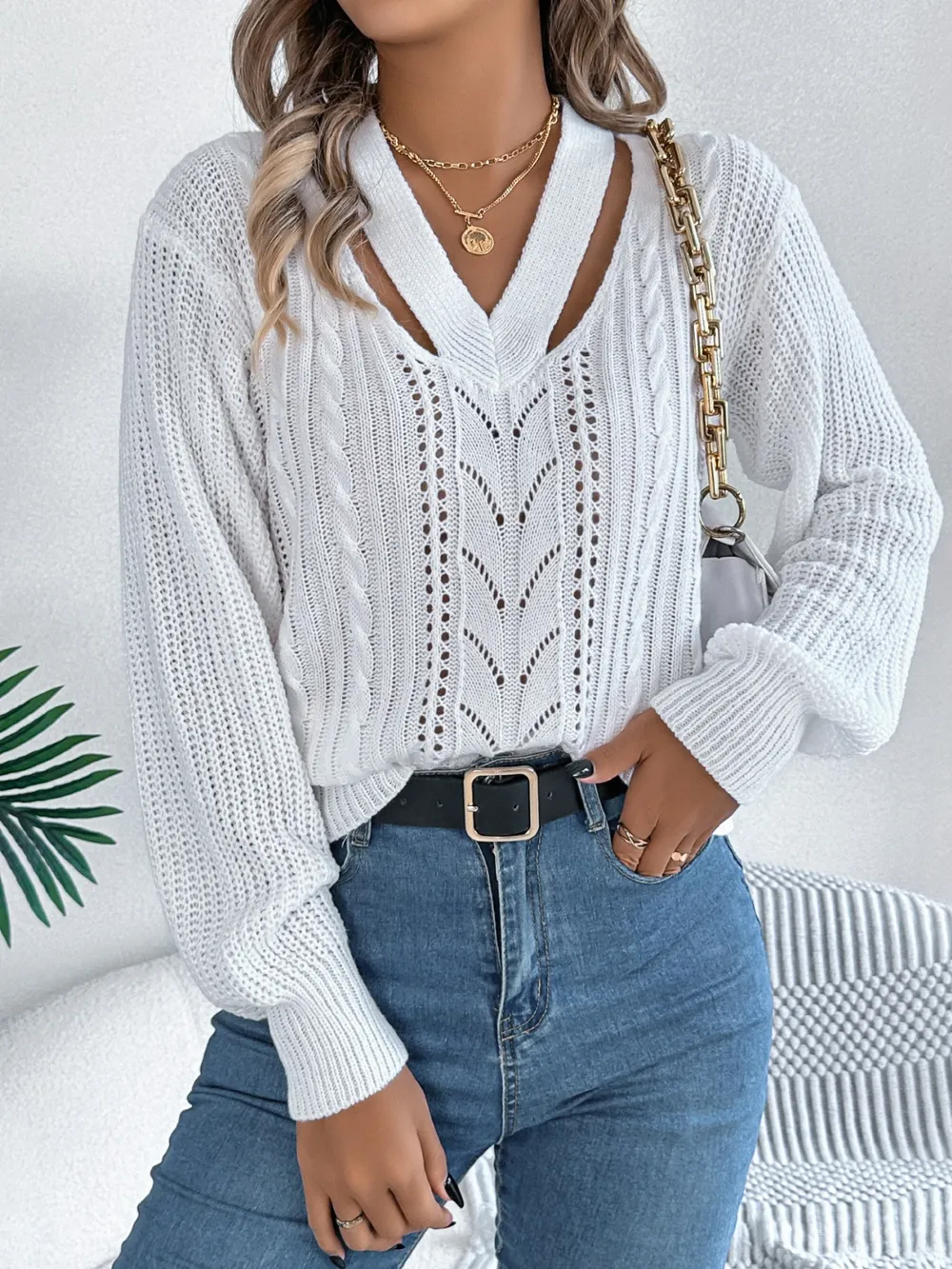 Cutout V-Neck Long Sleeve Sweater, image 5