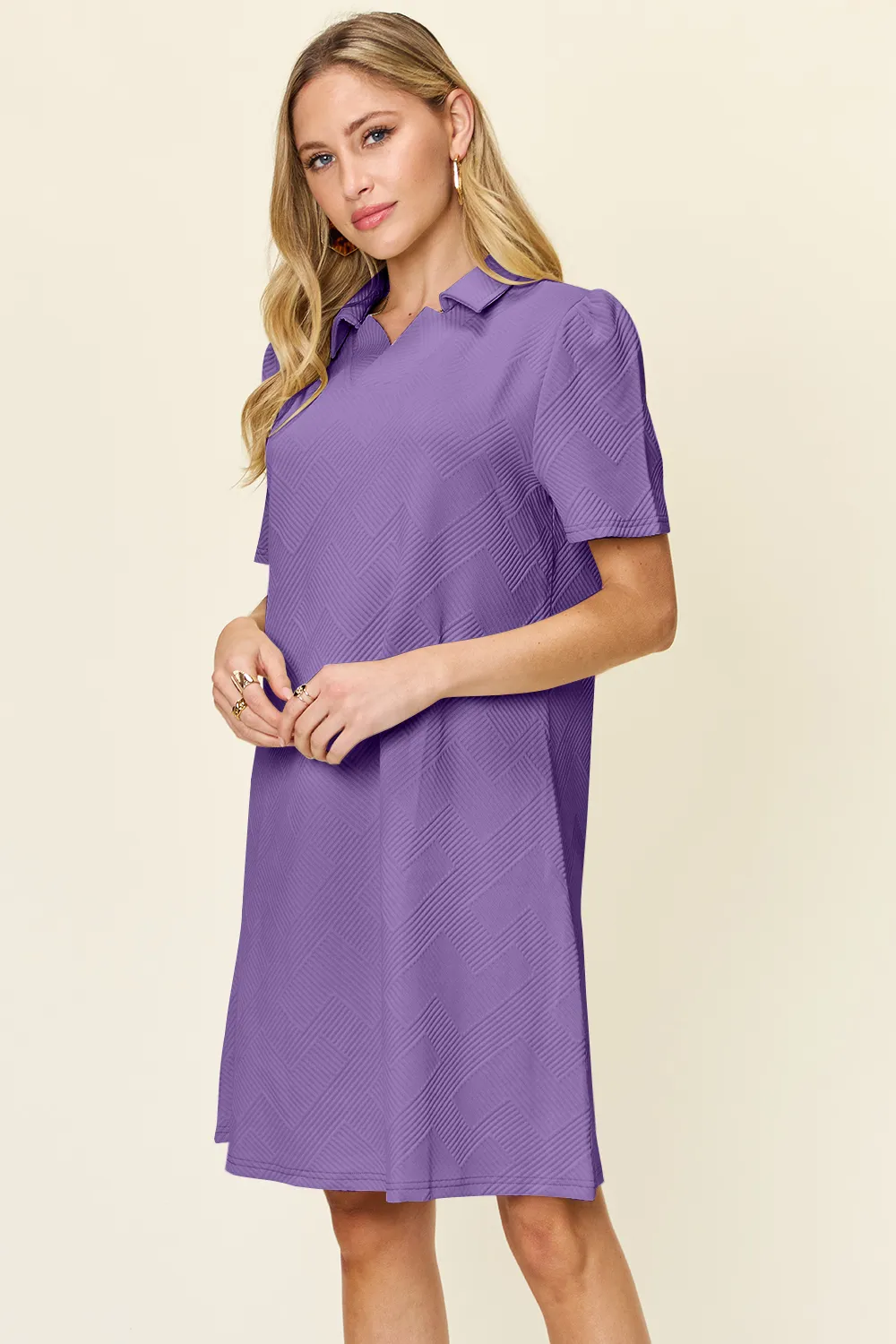 Full Size Texture Collared Neck Short Sleeve Dress, image 16
