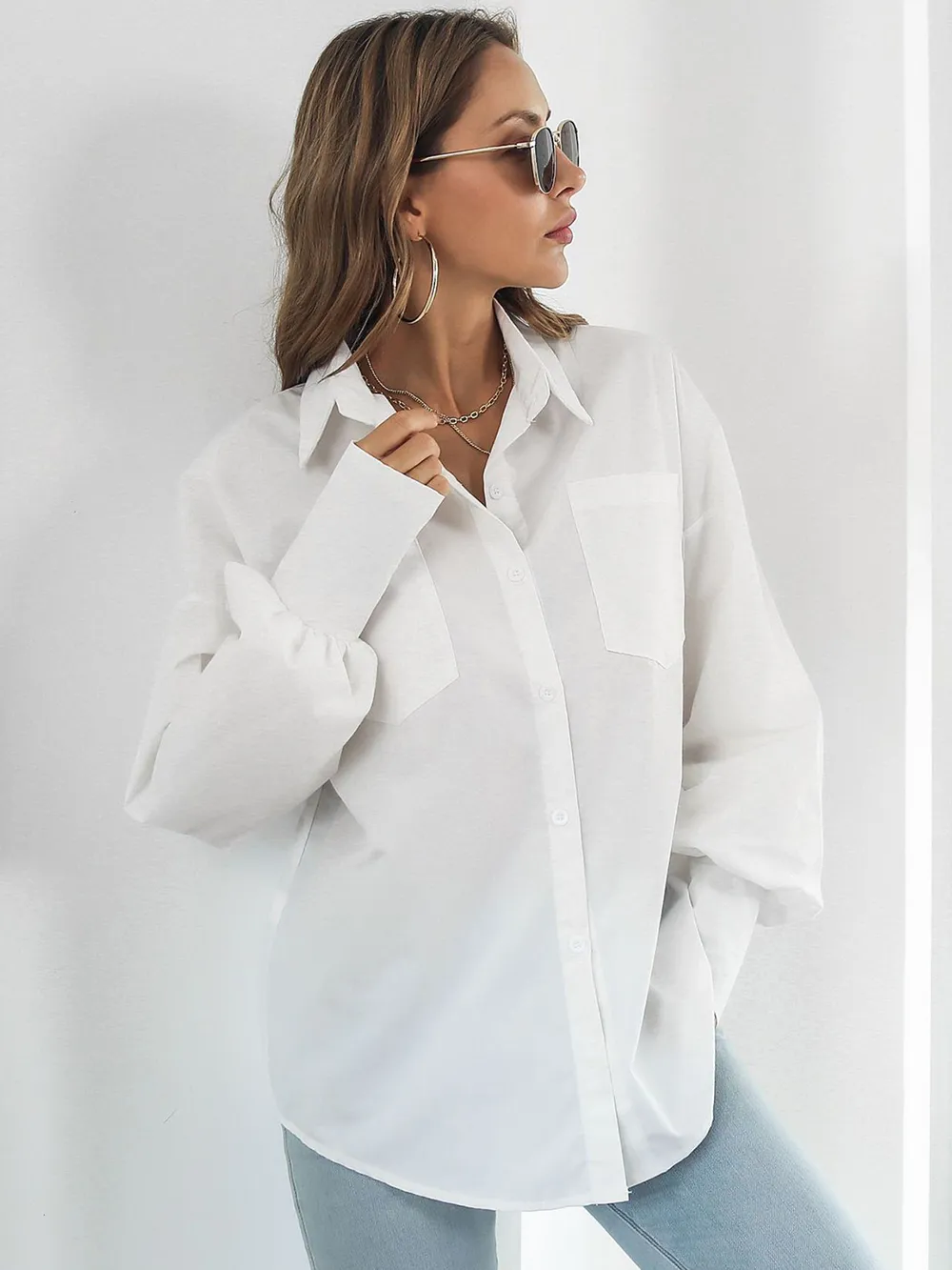 Button Up Dropped Shoulder Lantern Sleeve Shirt, image 7