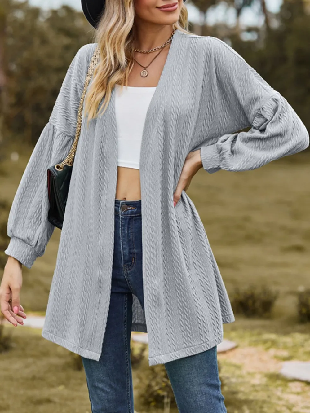Textured Open Front Dropped Shoulder Cardigan, image 7