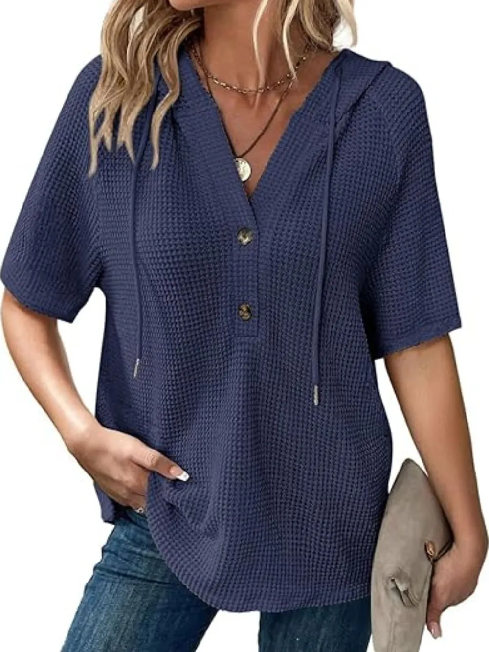 Drawstring Waffle-Knit Short Sleeve Hooded Top, image 25