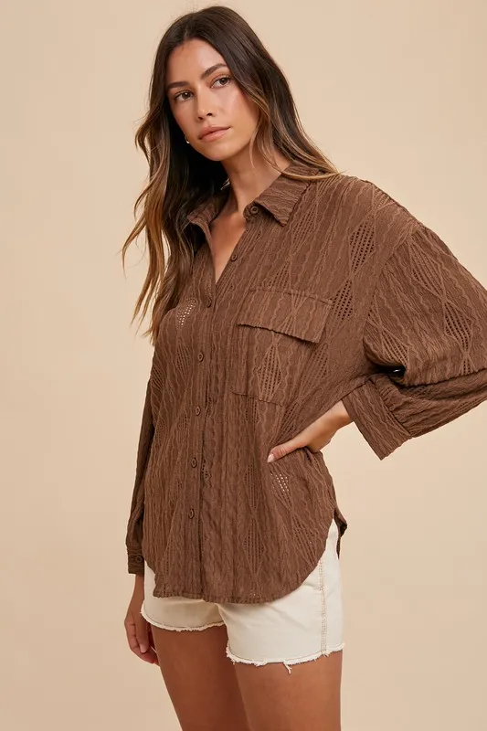 Openwork Button Down Drop Shoulder Shirt