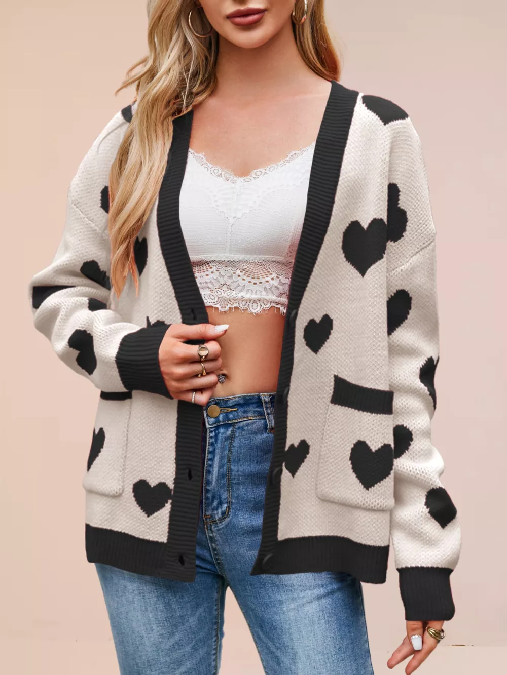 Heart Pattern Button-Up Knit Cardigan, image 18