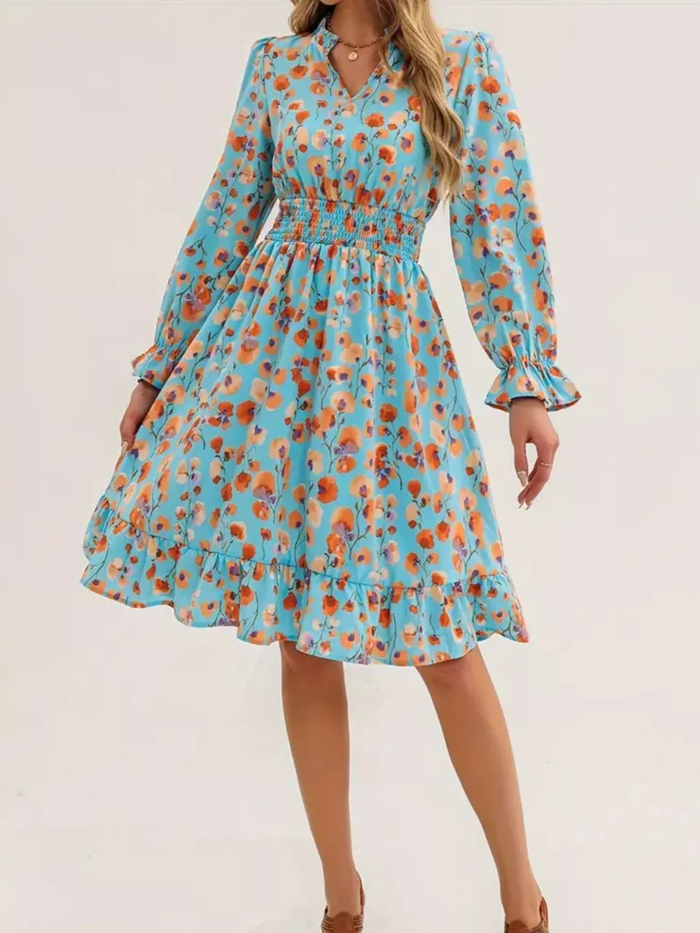Floral Notched Flounce Sleeve Dress, image 12