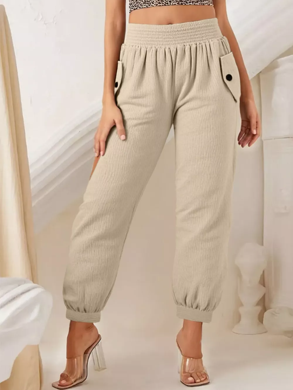 Smocked Textured Casual Pants, image 9
