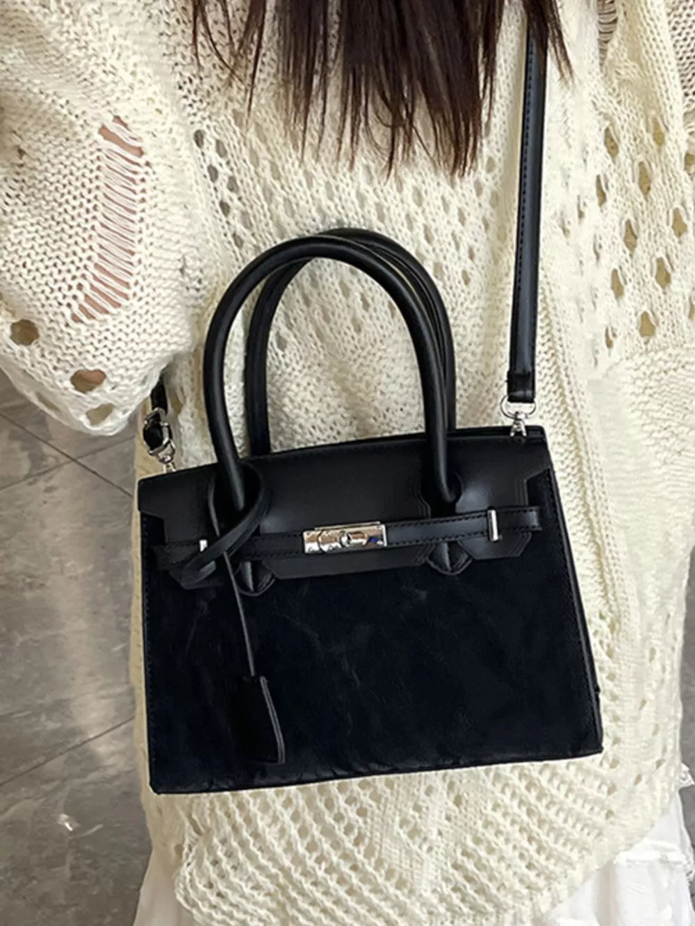 Textured Leather Top-Handle Handbag, image 4
