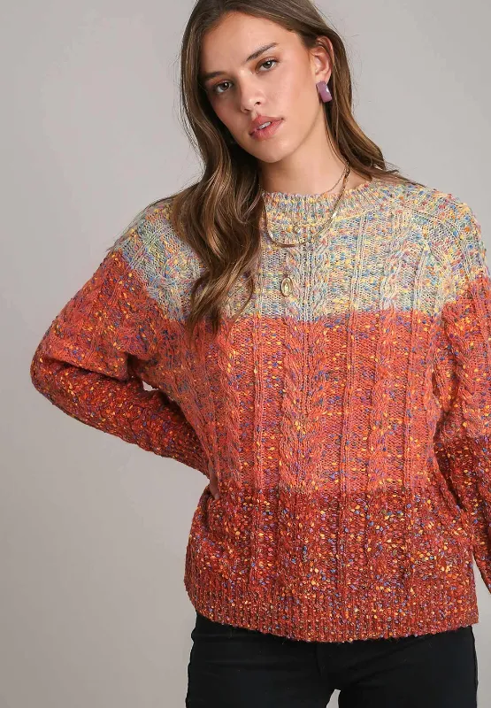 Cable-Knit Color Block Round Neck Long Sleeve Sweater, image 3