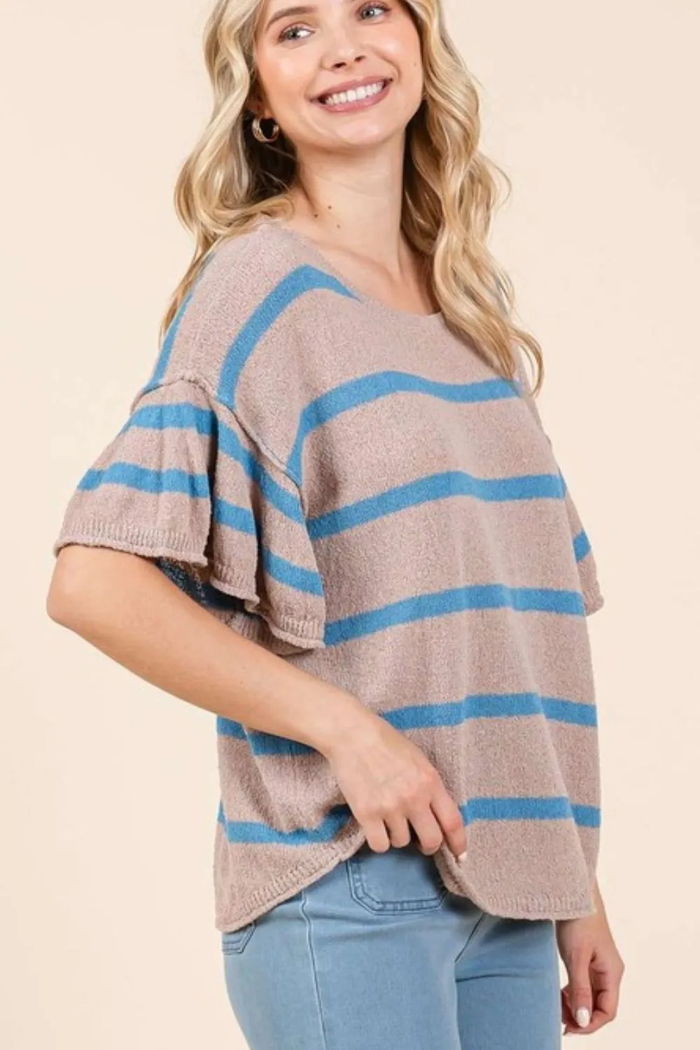 Striped Flounce Sleeve Knit Top, image 5