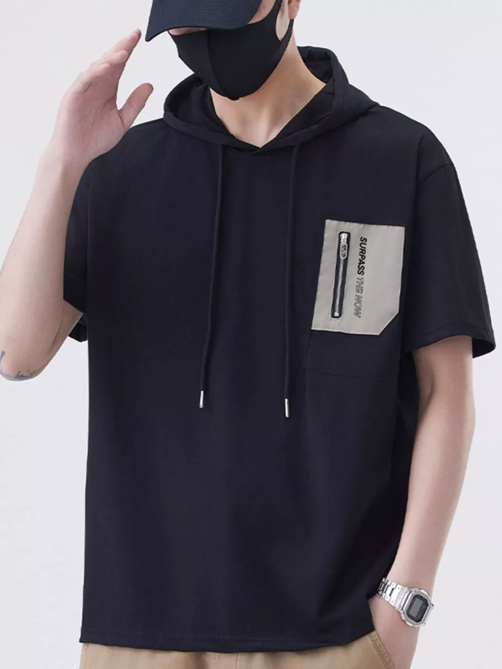 Men's Plus Size Drawstring Short Sleeve Hooded Top, image 5