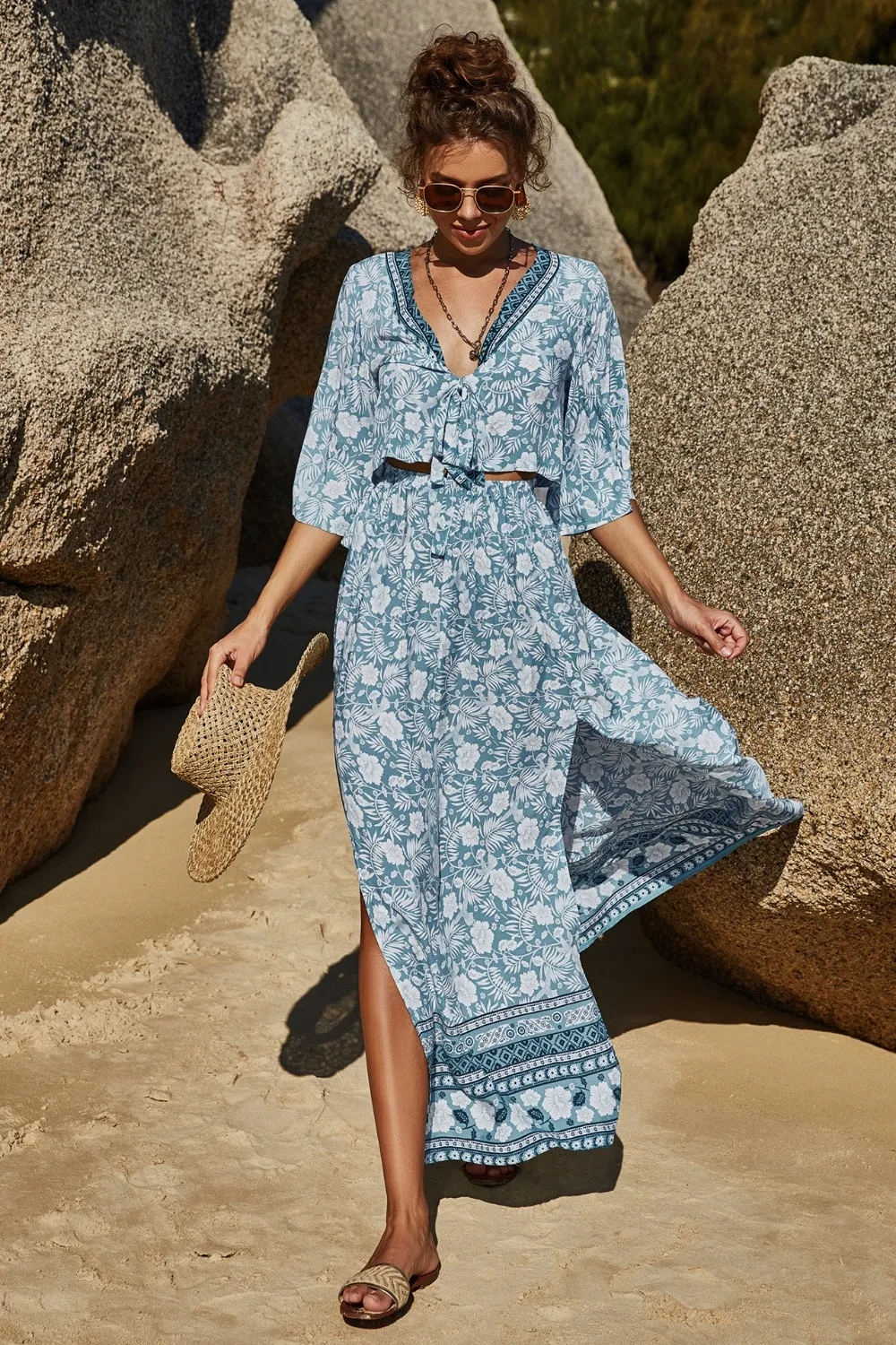 Printed Half Sleeve Top and Slit Skirt Set, image 19