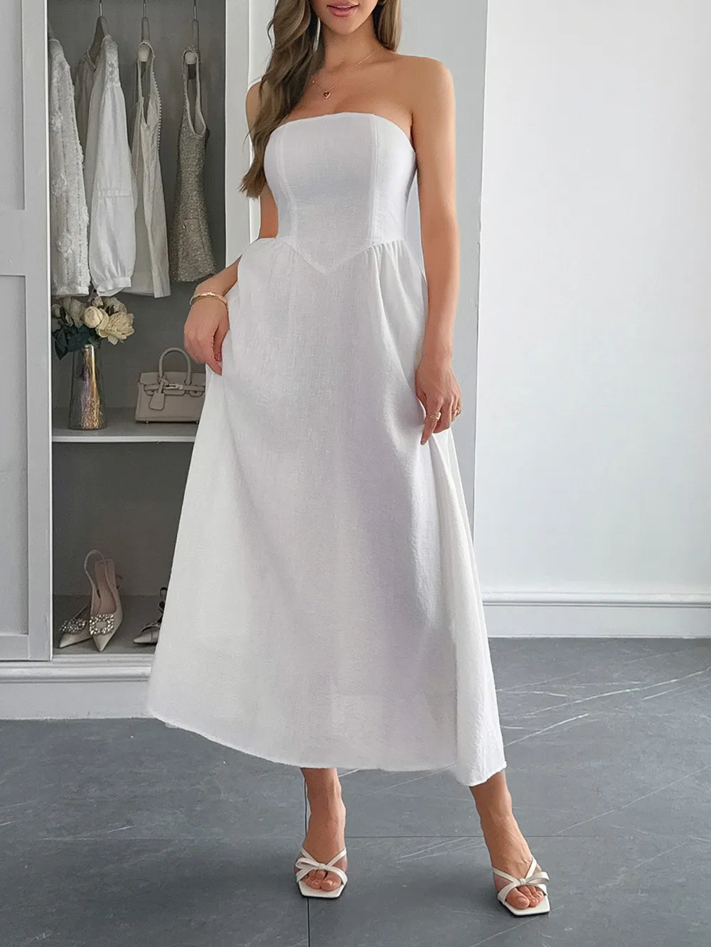 Strapless A-Line Midi Dress with Pockets, image 6