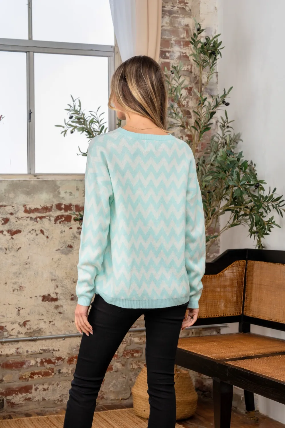 Full Size Wave Stripe Contrast Long Sleeve Sweater, image 2
