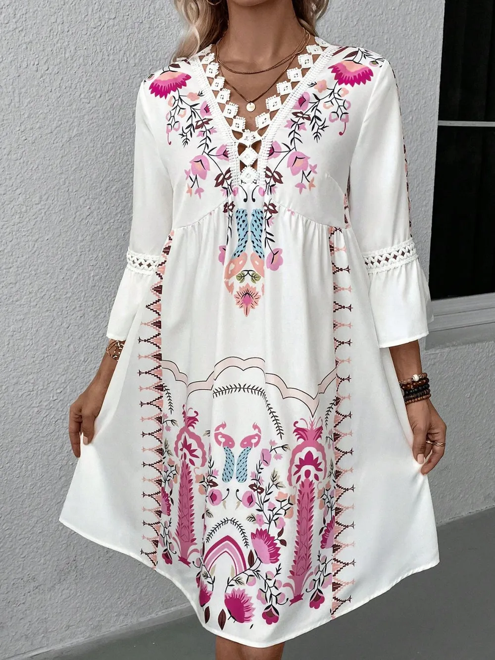 Lace Detail Printed Three-Quarter Sleeve Dress, image 9