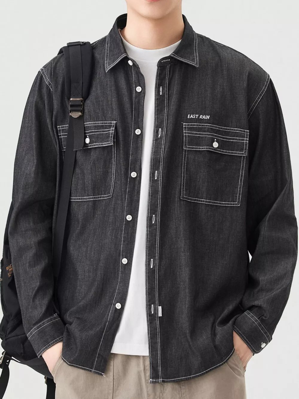 Men's Full Size Casual Long Sleeve Denim Shirt with Pockets Plus Size