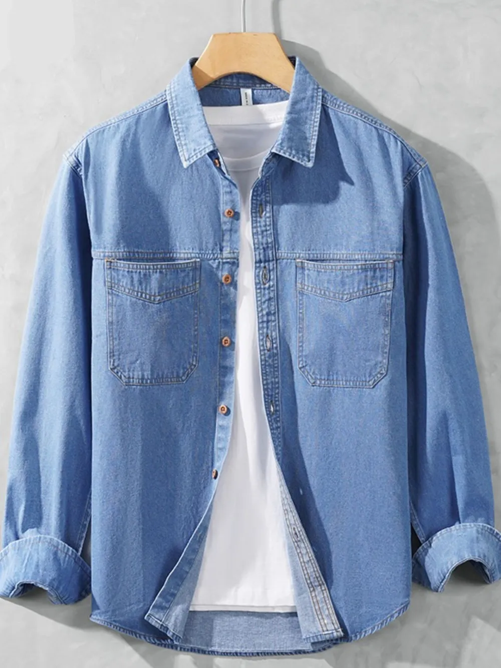 Men's Plus Size Button Up Long Sleeve Denim Shirt, image 2