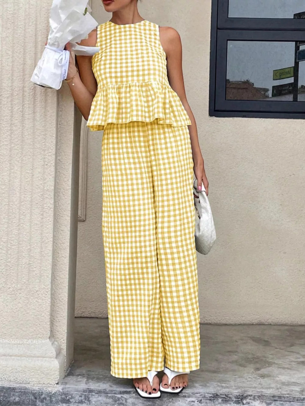 Gingham Sleeveless Top and Wide-Leg Pants Set, image 13