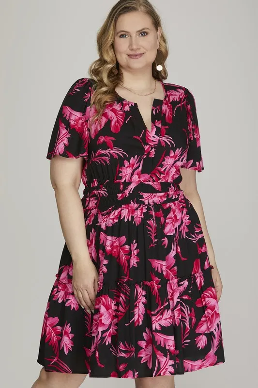 Full Size Printed Notched Short Sleeve Frill Tiered Dress Plus Size, image 3