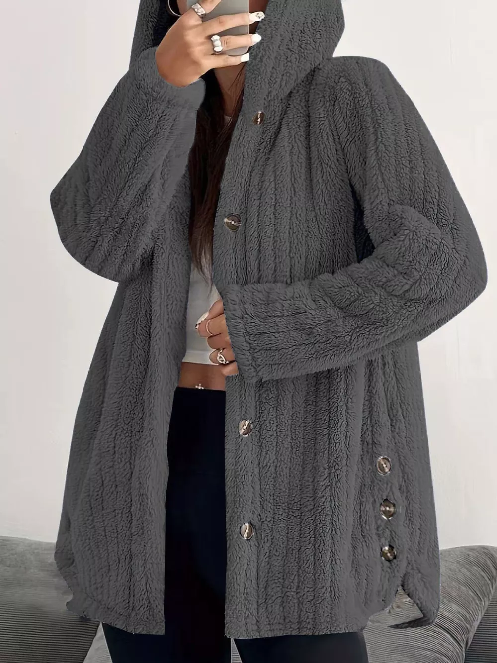 Full Size Fleece Button Up Hooded Outerwear Plus Size, image 23