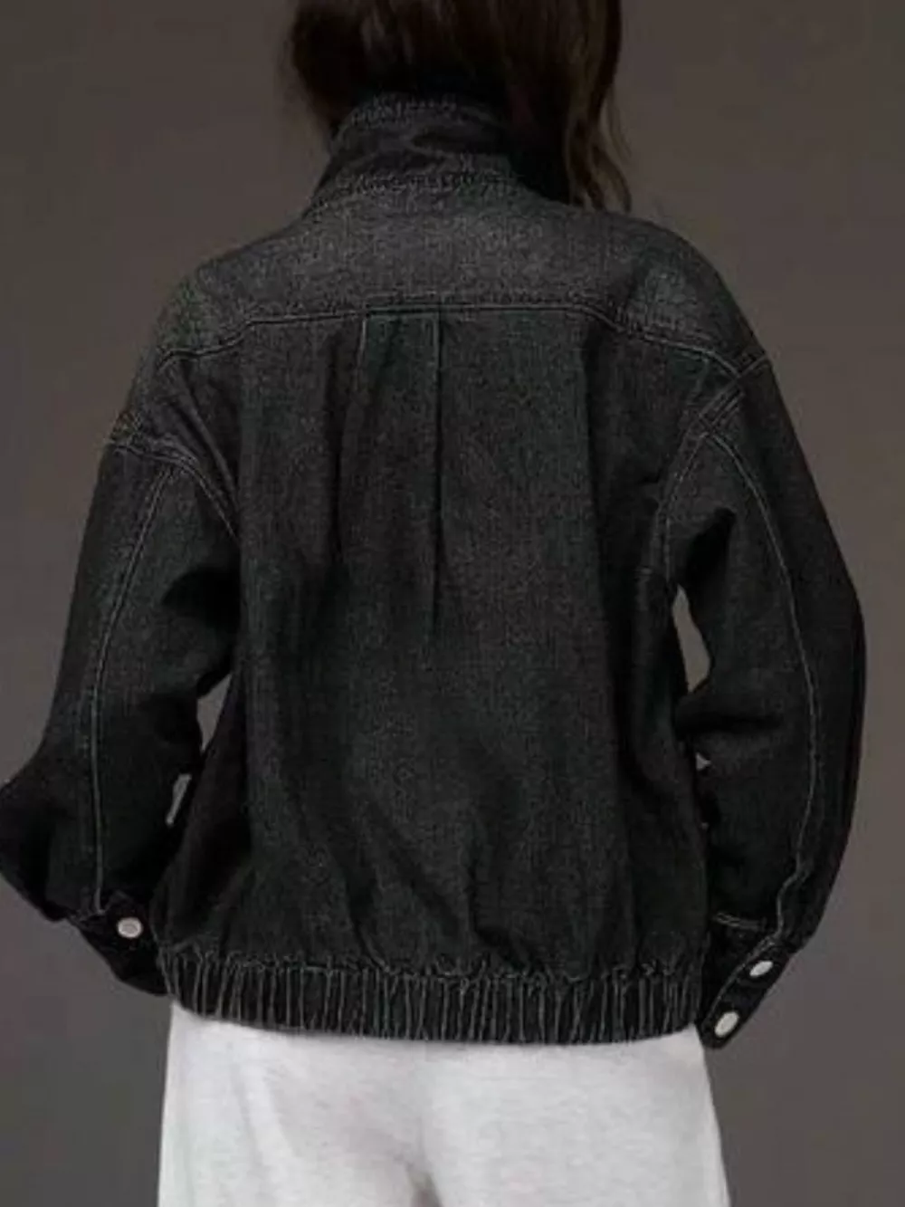 Stand-Collar Zip-Up Denim Jacket, image 5