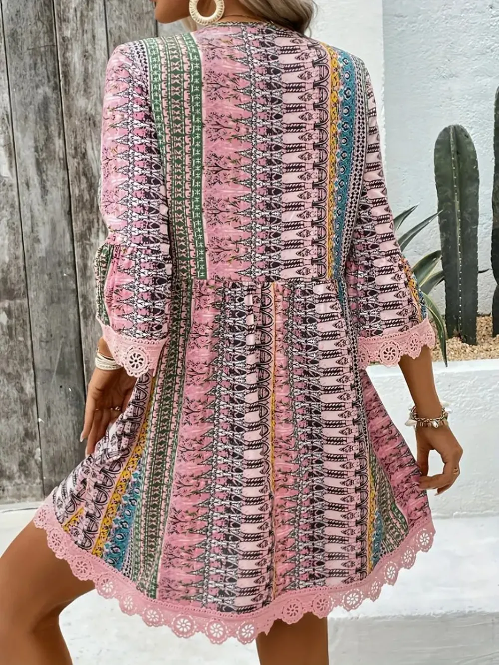 Lace Trim Printed V-Neck 3/4 Sleeve Dress, image 7