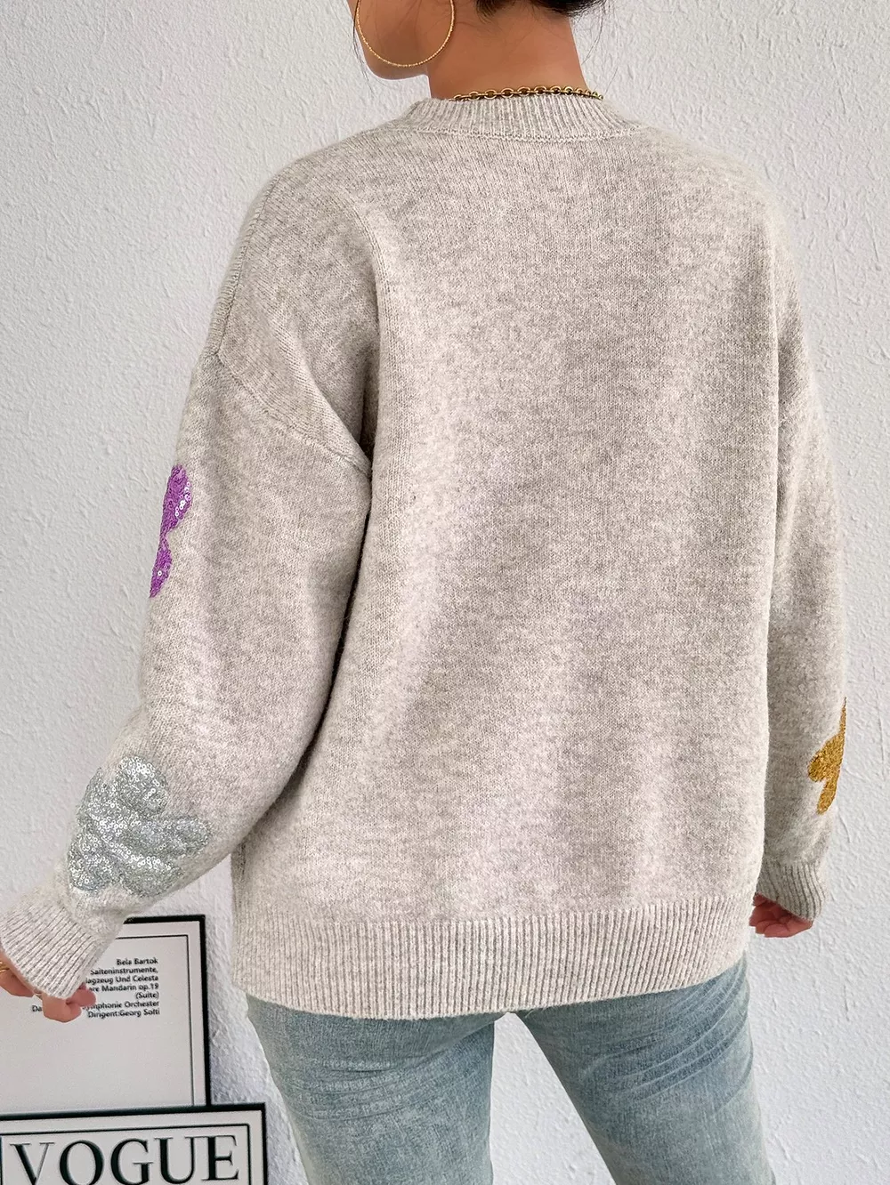Sequined Floral Round Neck Sweater, image 6