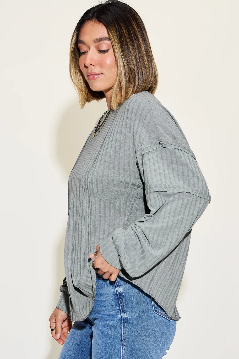 Full Size Ribbed Round Neck Long Sleeve T-Shirt, image 16