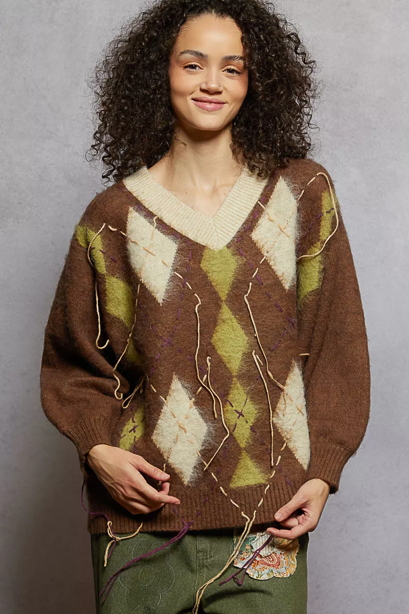 V-Neck Argyle Pattern Mohair Sweater with Contrast Exposed Stitch Detail, image 10