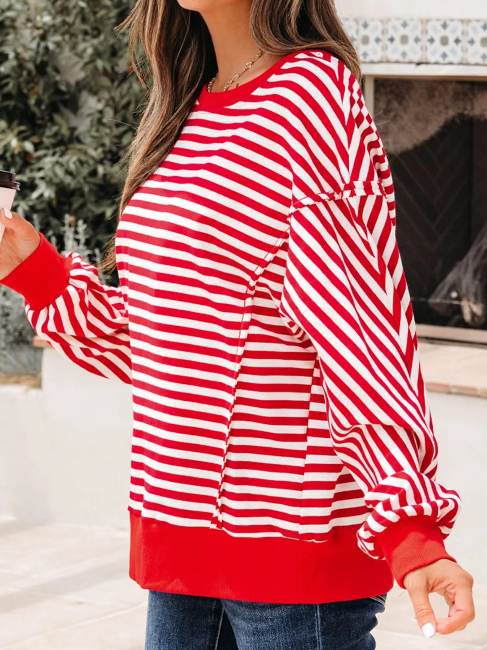 Stripe Exposed Seam Drop Shoulder Casual Top, image 2