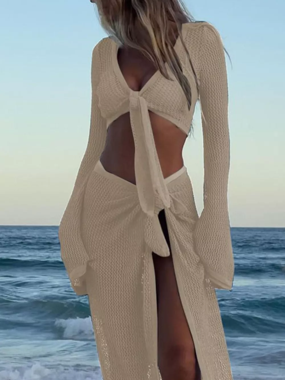 Crochet Knit Long Sleeve Crop Top and Slit Skirt Sweater Set, image 4