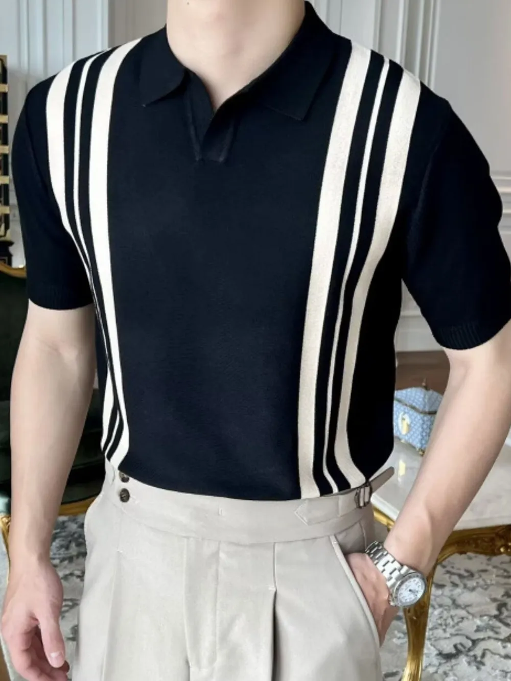 Men's Plus Size Contrast Collared Neck Short Sleeve Polo, image 5