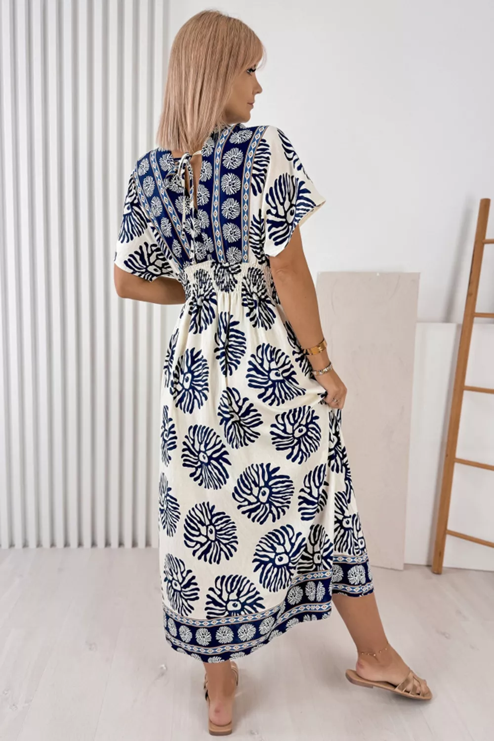 Floral Print Contrast Patchwork V Neck Dolman Dress, image 4