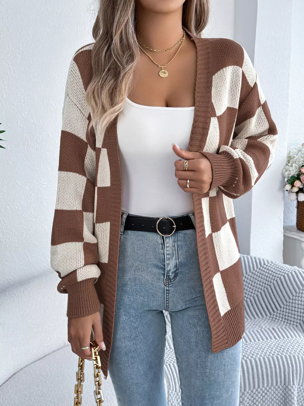 Checkered Pattern Open Front Cardigan, image 10