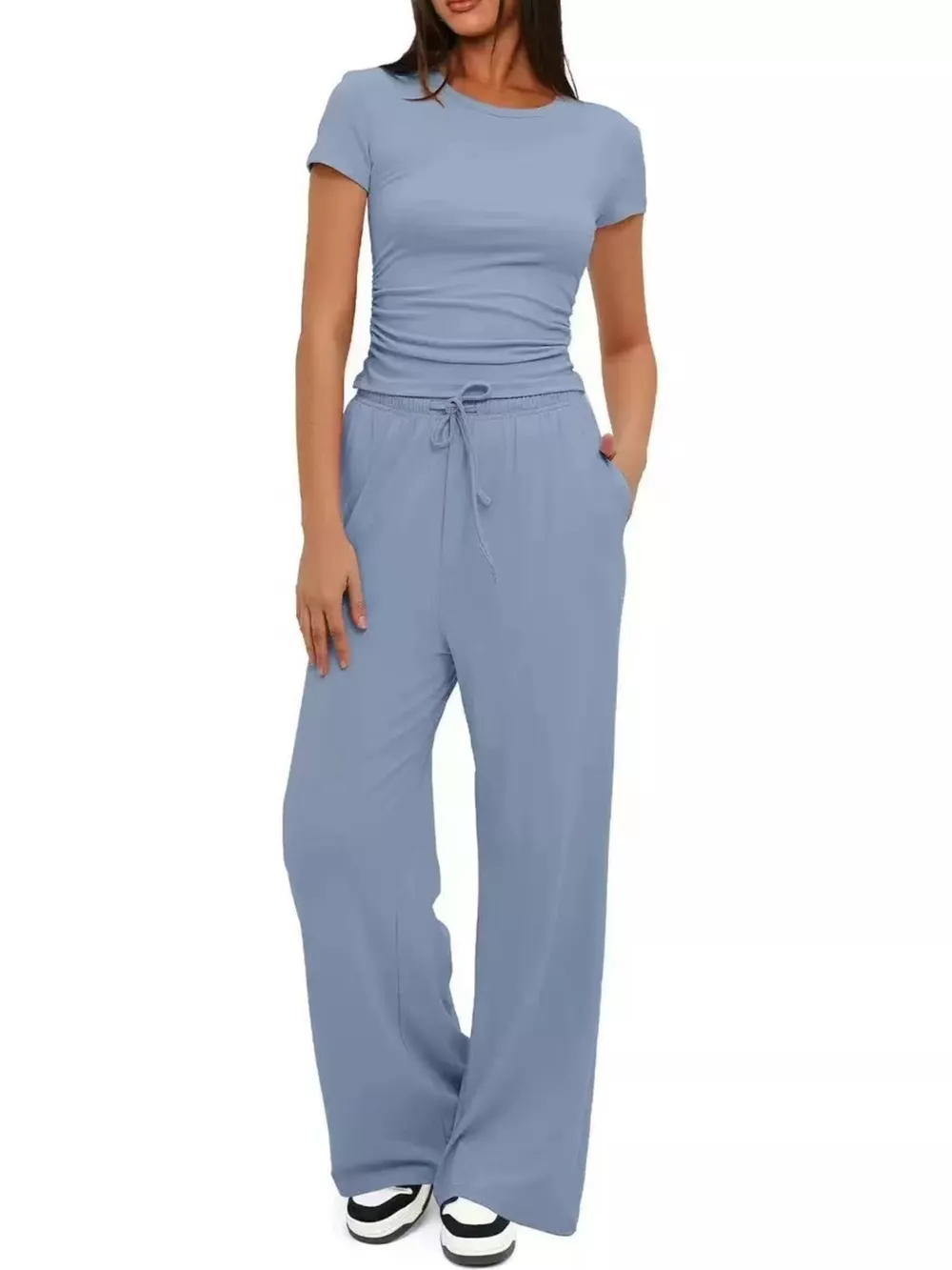 Round Neck Short Sleeve Top and Pants Set, image 10
