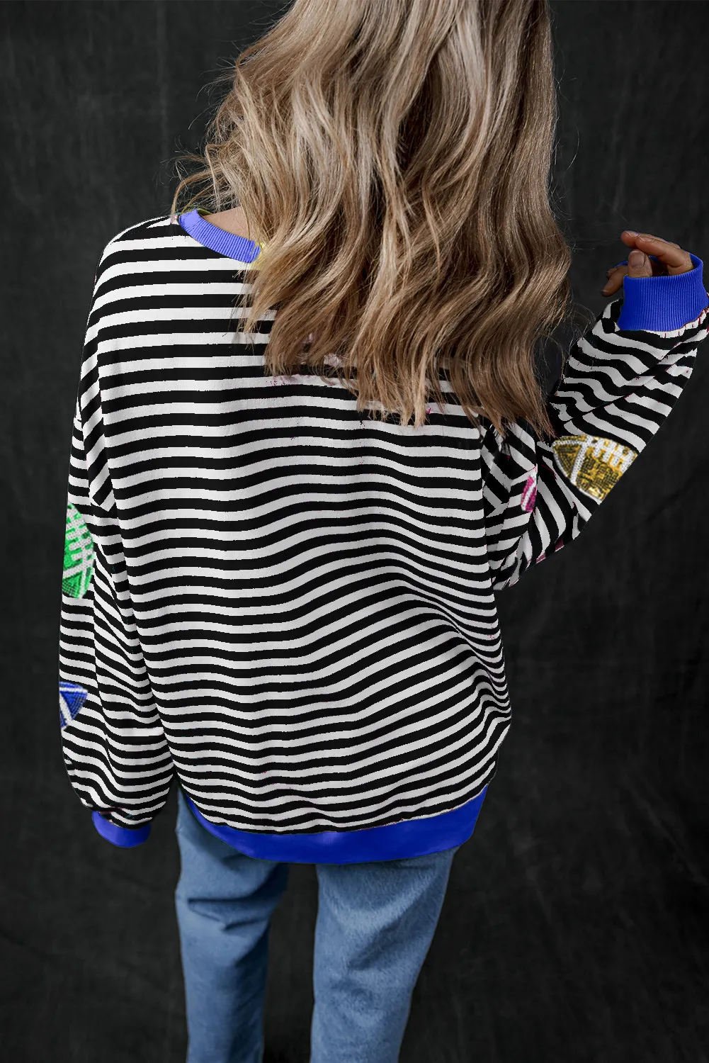 Sequin Football Striped Round Neck Long Sleeve Sweatshirt, image 2