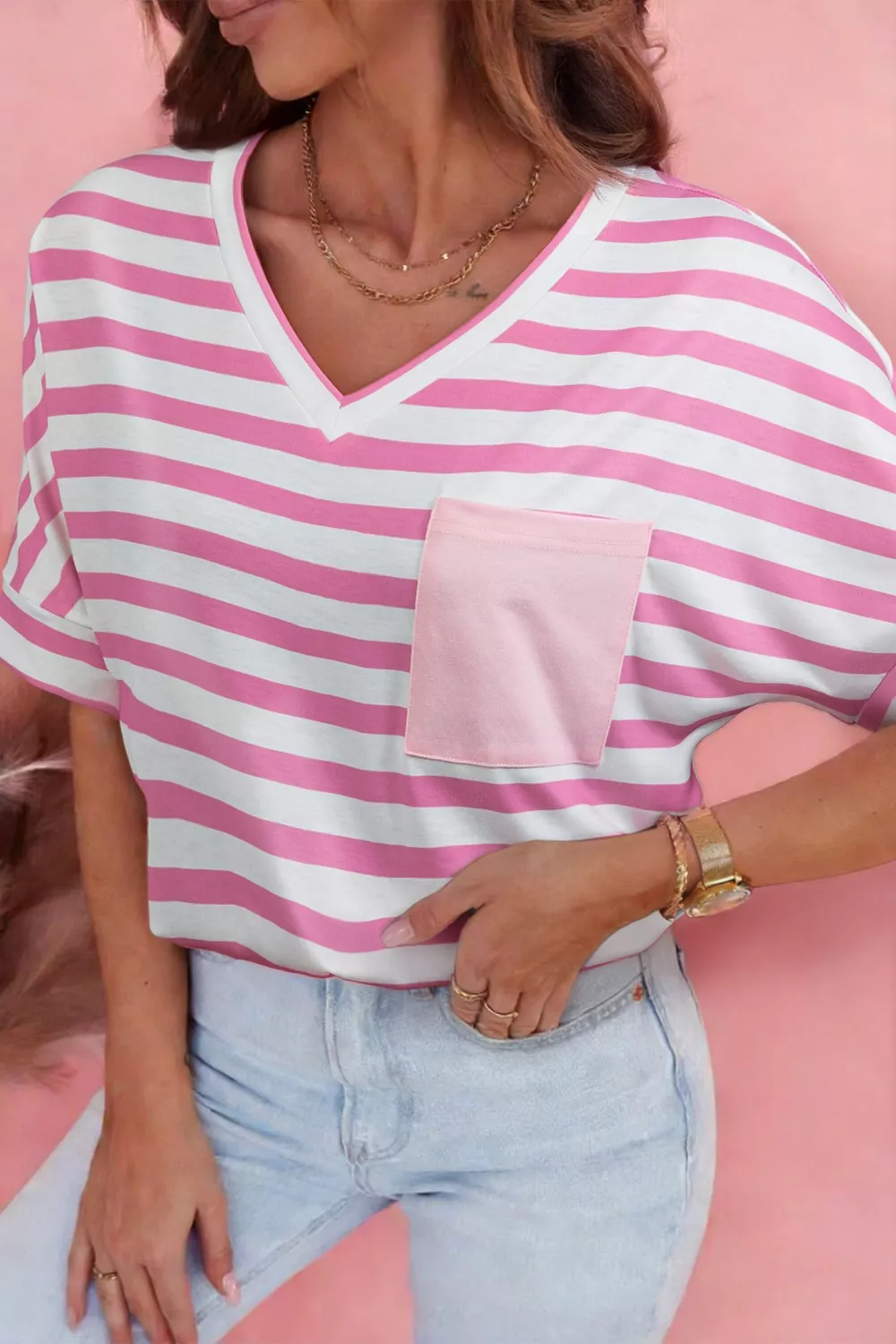 Stripe V Neck Patched Pocket Casual T Shirt