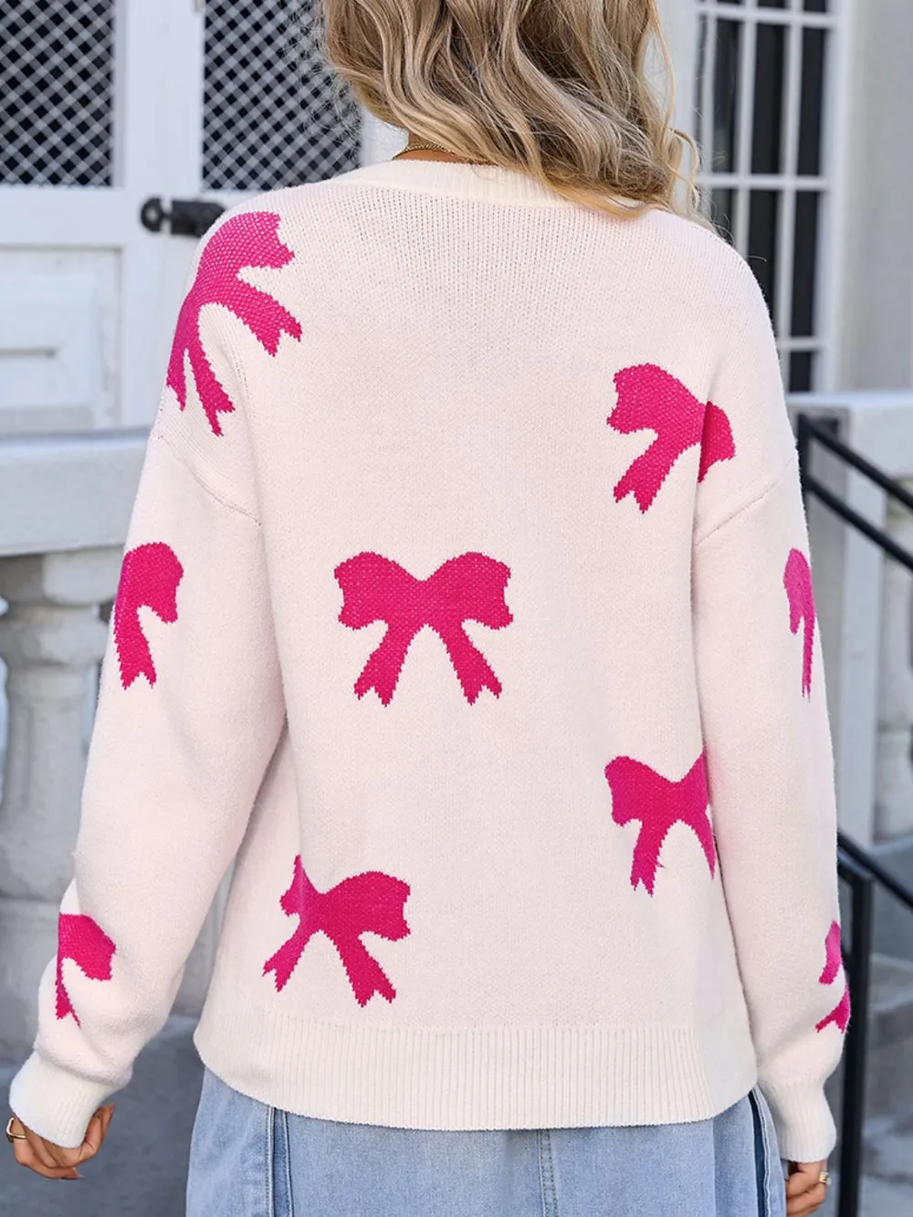 Bow Round Neck Dropped Shoulder Sweater, image 2