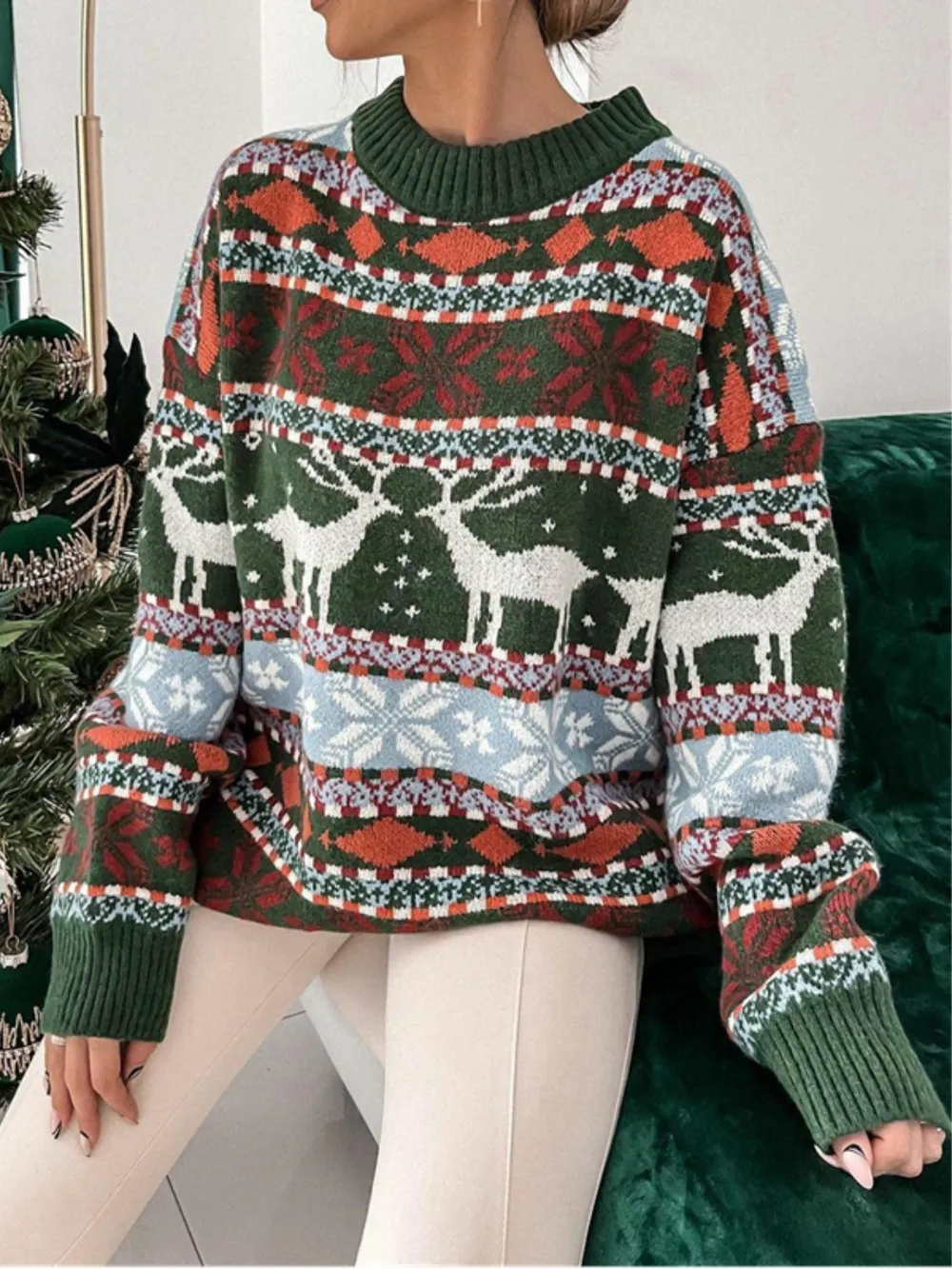 Geometric Round Neck Dropped Shoulder Sweater, image 5