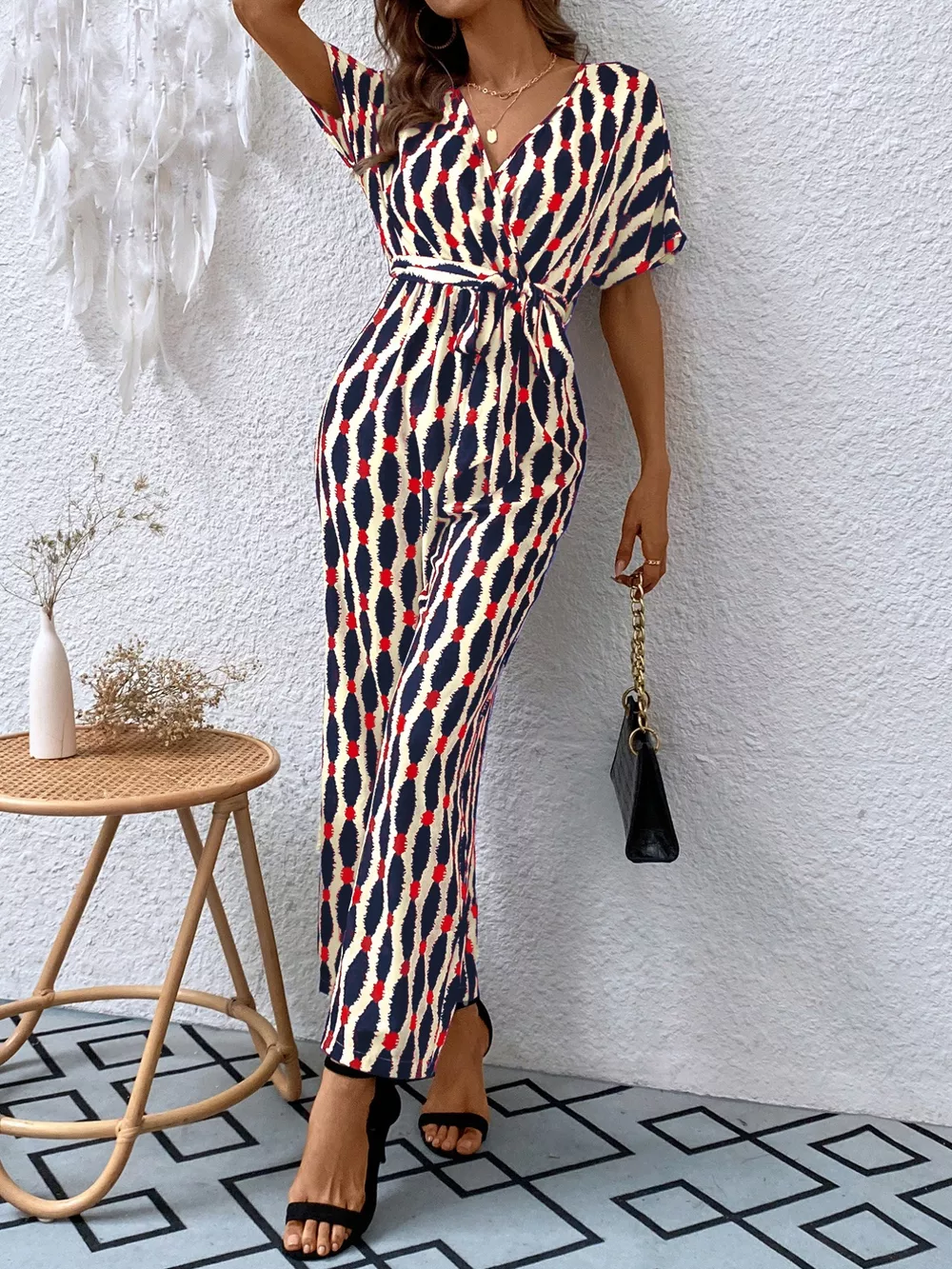 Printed Surplice Tie Waist Short Sleeve Jumpsuit, image 13